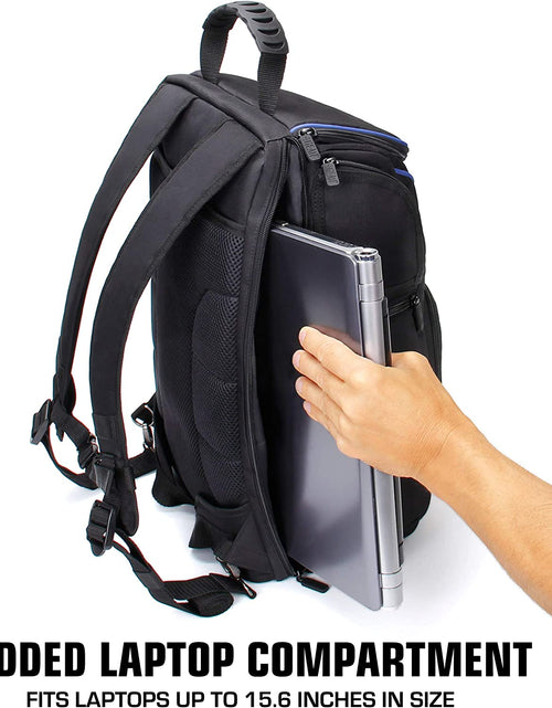 Load image into Gallery viewer, DSLR Camera Backpack Case - 15.6 Inch Laptop Compartment, Padded Custom Dividers, Tripod Holder, Rain Cover, Long-Lasting Durability and Storage Pockets - Compatible with Many Dslrs (Blue)

