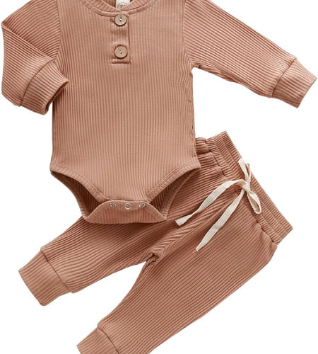 Newborn Baby Boy Girl Clothes Ribbed Knitted Cotton Long Sleeve Romper Long Pants Solid Color Fall Winter Outfits