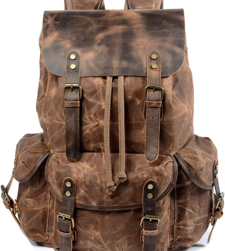 Leather Backpack for Men, Waxed Canvas Shoulder Rucksack for Travel School