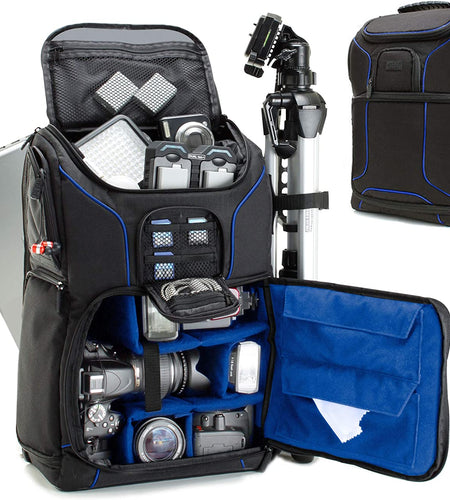 DSLR Camera Backpack Case - 15.6 Inch Laptop Compartment, Padded Custom Dividers, Tripod Holder, Rain Cover, Long-Lasting Durability and Storage Pockets - Compatible with Many Dslrs (Blue)