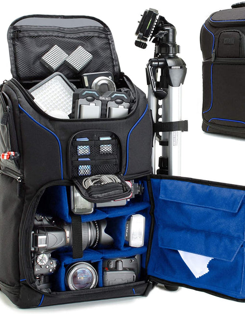 Load image into Gallery viewer, DSLR Camera Backpack Case - 15.6 Inch Laptop Compartment, Padded Custom Dividers, Tripod Holder, Rain Cover, Long-Lasting Durability and Storage Pockets - Compatible with Many Dslrs (Blue)
