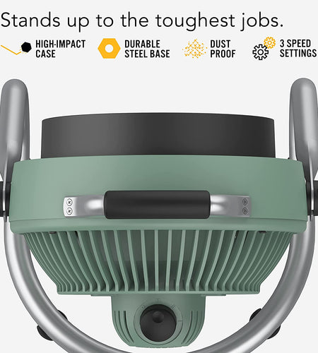 293HD Heavy Duty Air Circulator Shop, 3-Speed Floor Fan, Adjustable Head, Easy-Clean Grill, Large, Green, 16 In