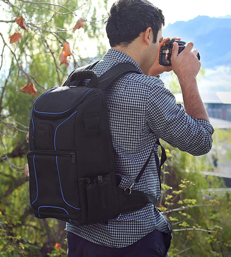 DSLR Camera Backpack Case - 15.6 Inch Laptop Compartment, Padded Custom Dividers, Tripod Holder, Rain Cover, Long-Lasting Durability and Storage Pockets - Compatible with Many Dslrs (Blue)