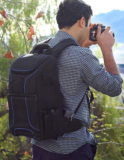Load image into Gallery viewer, DSLR Camera Backpack Case - 15.6 Inch Laptop Compartment, Padded Custom Dividers, Tripod Holder, Rain Cover, Long-Lasting Durability and Storage Pockets - Compatible with Many Dslrs (Blue)
