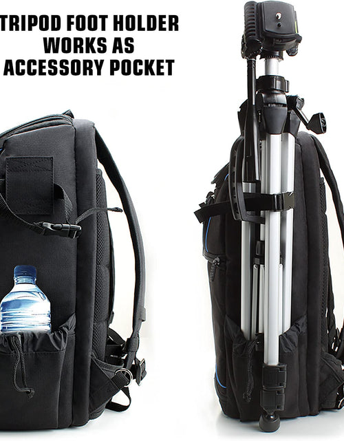 Load image into Gallery viewer, DSLR Camera Backpack Case - 15.6 Inch Laptop Compartment, Padded Custom Dividers, Tripod Holder, Rain Cover, Long-Lasting Durability and Storage Pockets - Compatible with Many Dslrs (Blue)
