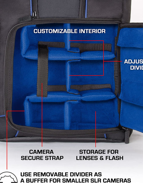 Load image into Gallery viewer, DSLR Camera Backpack Case - 15.6 Inch Laptop Compartment, Padded Custom Dividers, Tripod Holder, Rain Cover, Long-Lasting Durability and Storage Pockets - Compatible with Many Dslrs (Blue)
