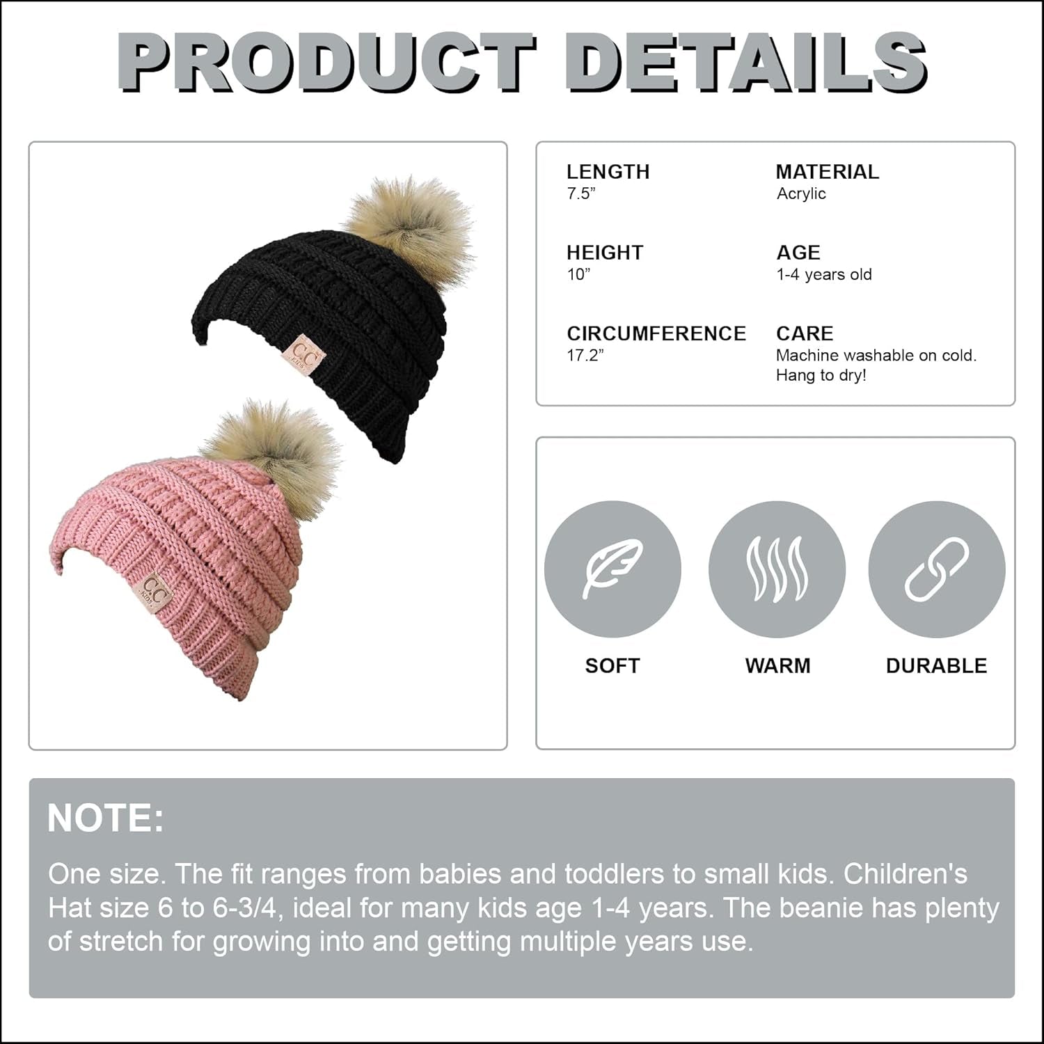 Toddler Pom Beanie – Kids Winter Hat for Ages 1–4, Baby Boy & Girl Knit Beanies, Warm Cozy Knit Snow Hats