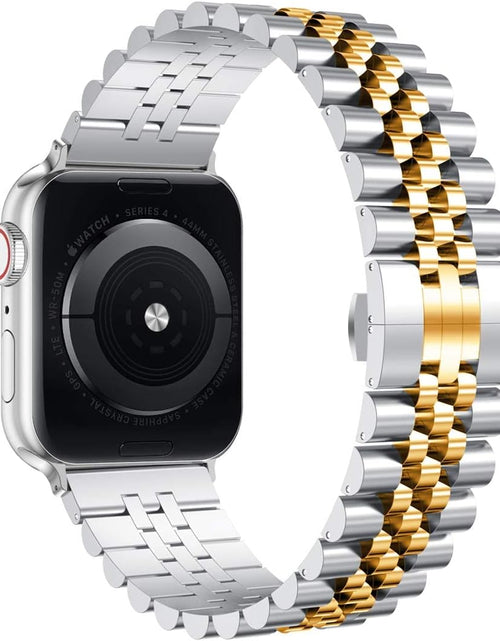 Load image into Gallery viewer, Compatible with Apple Watch Band 45Mm 44Mm 42Mm 41Mm 40Mm 38Mm, Stainless Steel Heavy Band with Butterfly Folding Clasp Link Bracelet for Iwatch Series7/6/Se Series 5/4/3/Men Women ,Silver/Gold, 41Mm/40Mm/38Mm
