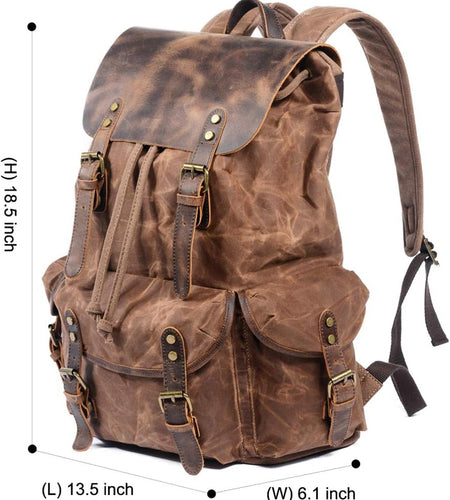 Leather Backpack for Men, Waxed Canvas Shoulder Rucksack for Travel School