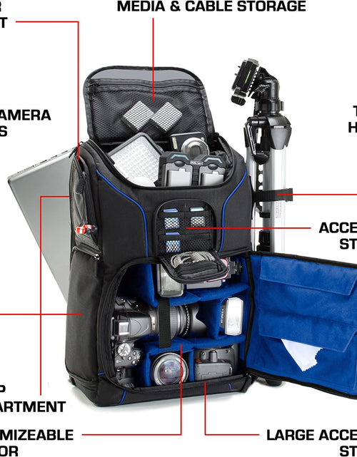 Load image into Gallery viewer, DSLR Camera Backpack Case - 15.6 Inch Laptop Compartment, Padded Custom Dividers, Tripod Holder, Rain Cover, Long-Lasting Durability and Storage Pockets - Compatible with Many Dslrs (Blue)
